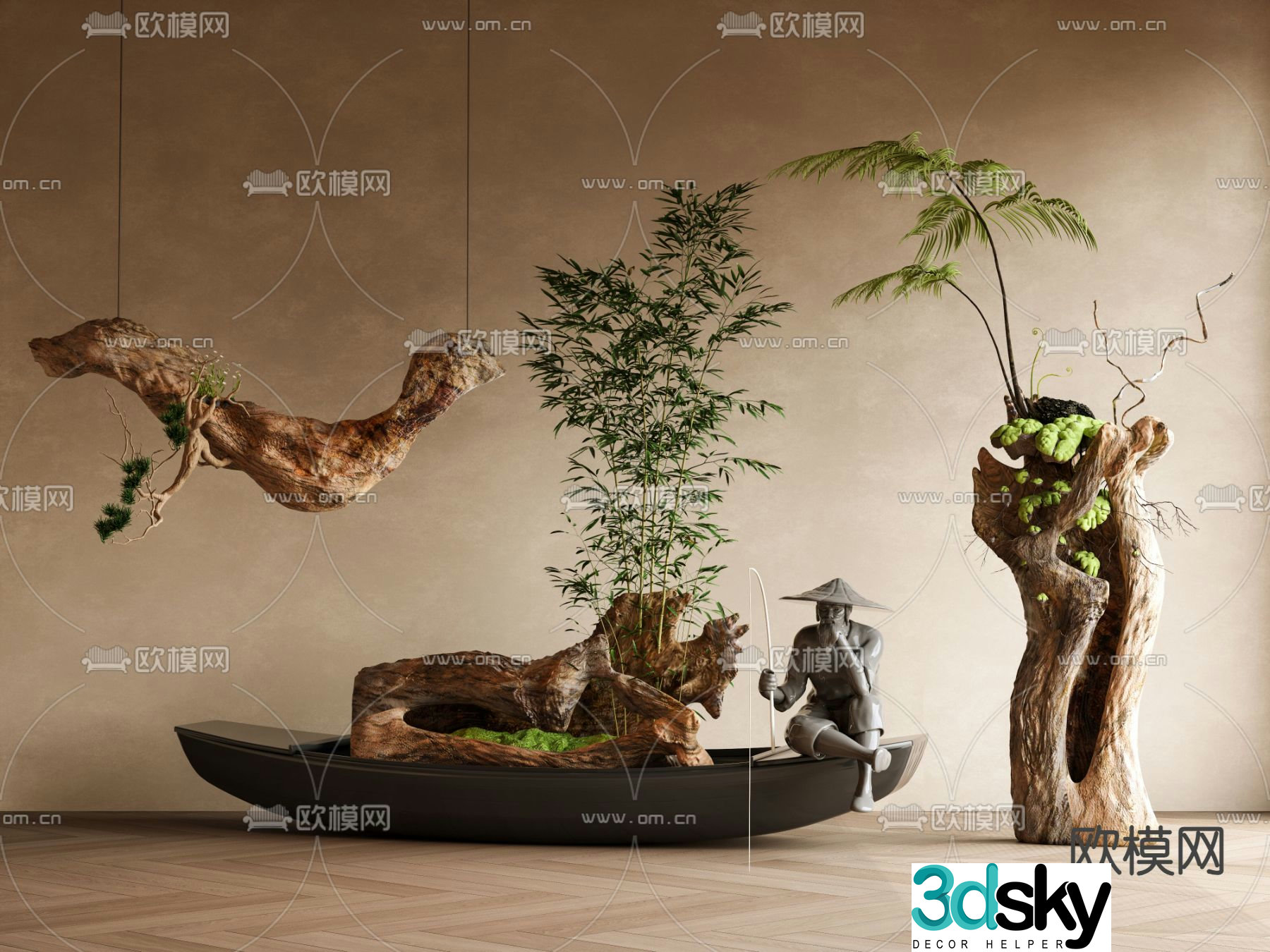 Indoor landscape dead wood sketch hanging device 3d model
