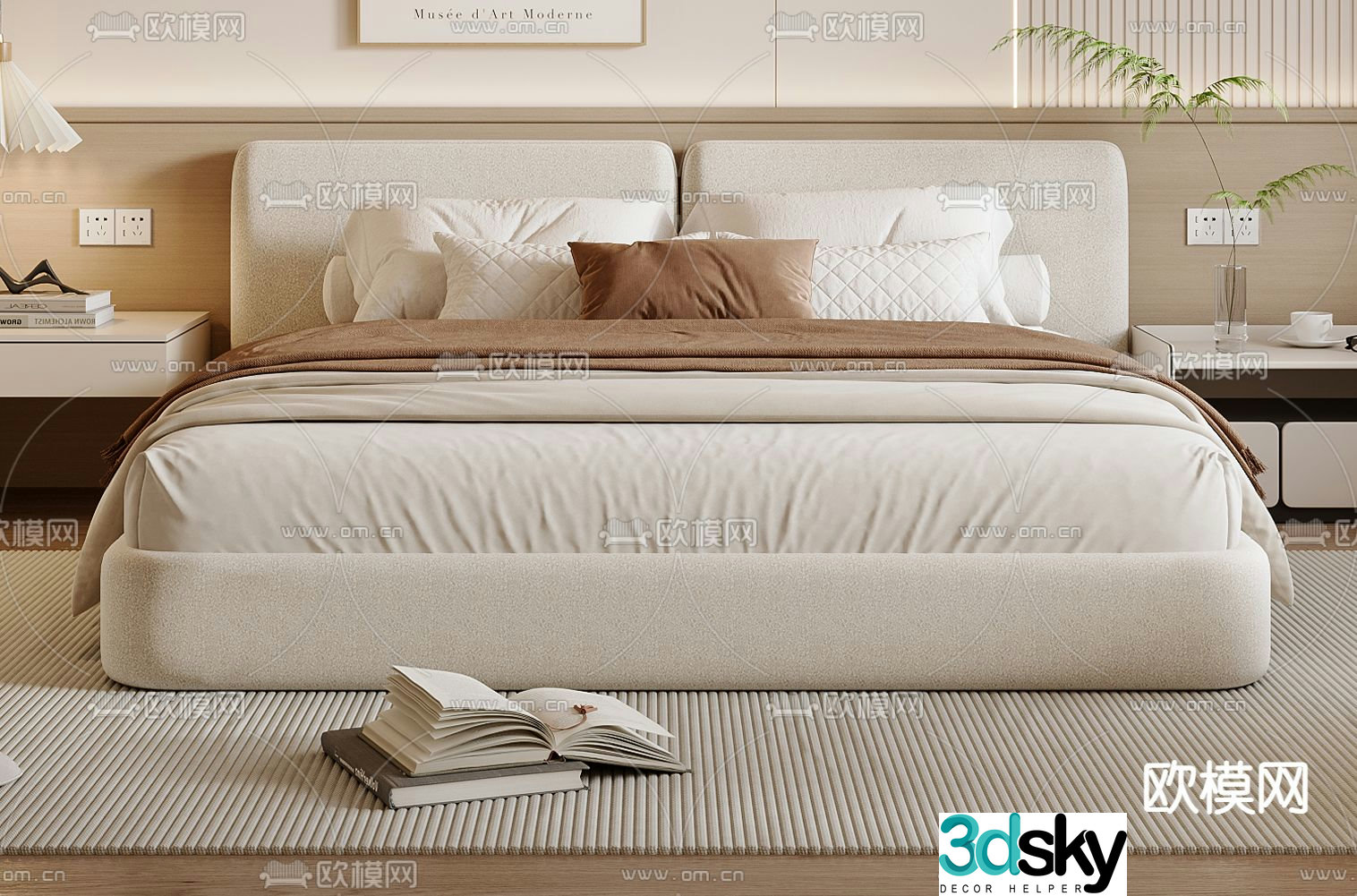 Cream style double bed 3d model
