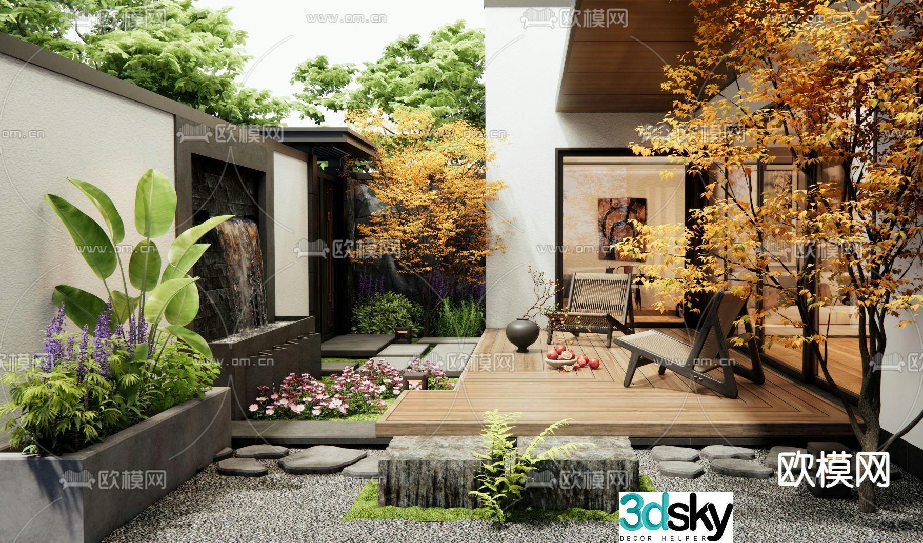 Courtyard landscape patio garden plant pile water feature wall 3d model