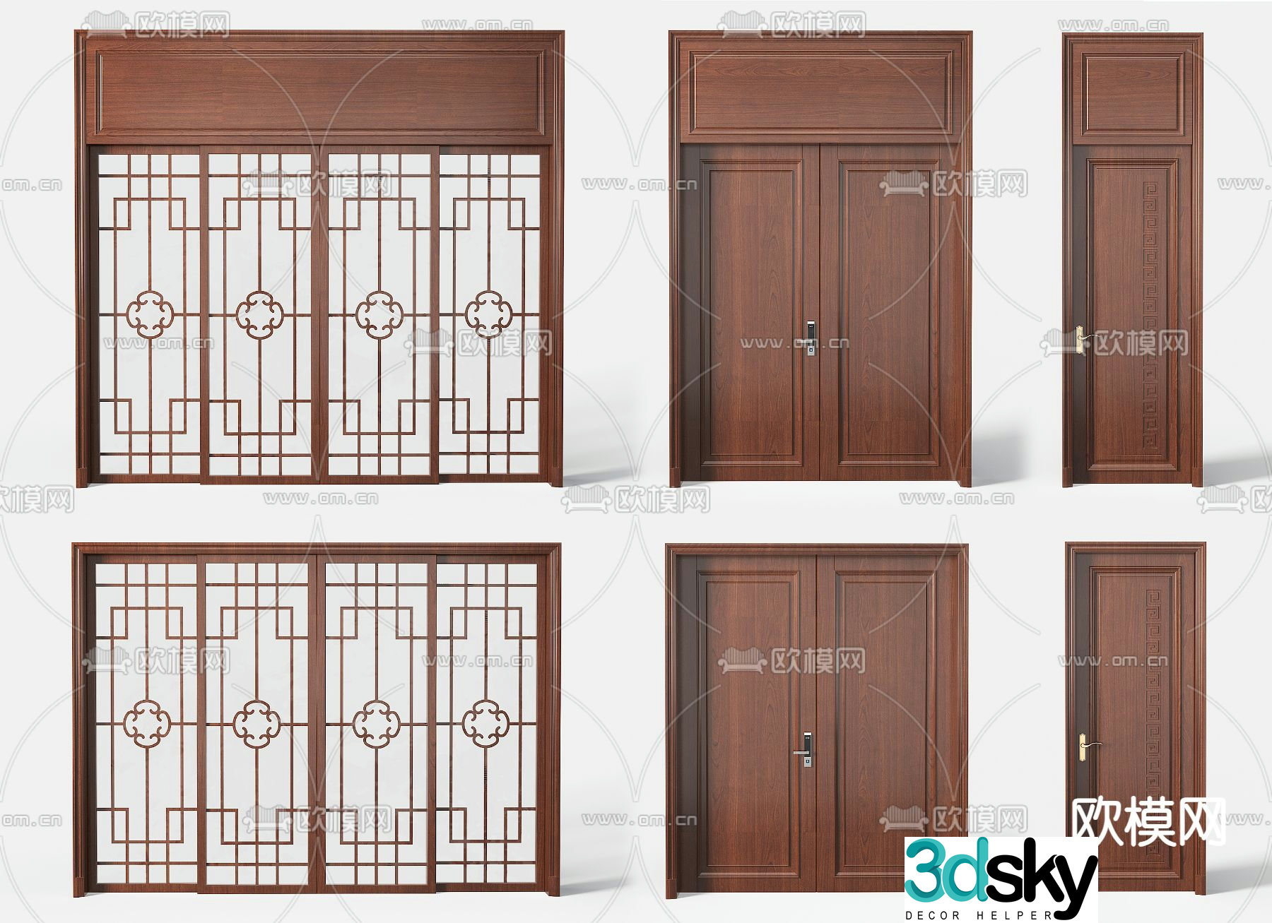 Chinese style open door mother and child door single-open door sliding door 3D model