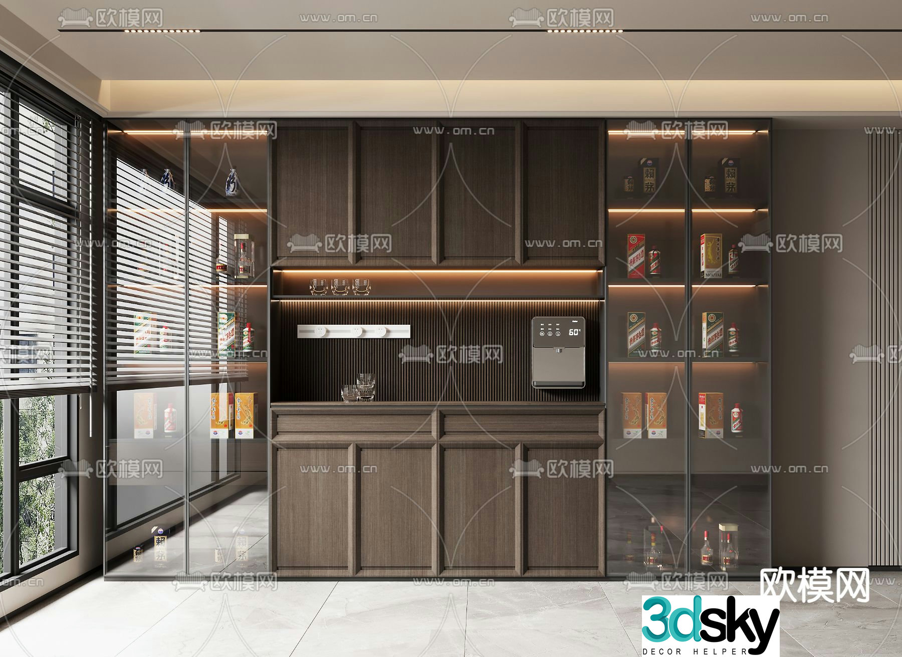 New Chinese style wine cabinet glass cabinet integrated cabinet 3d model