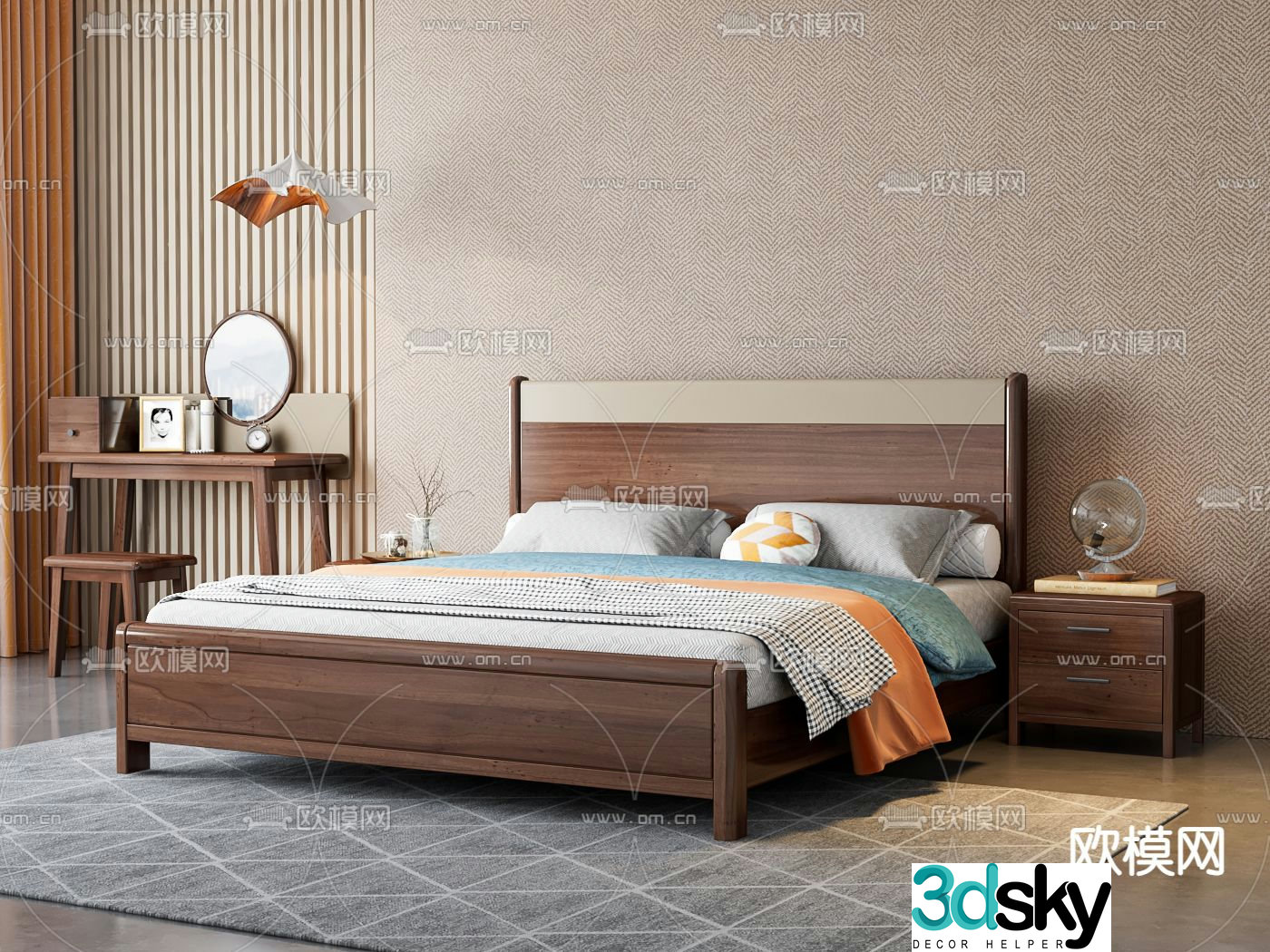 Simple double bed solid wood bed 3d model