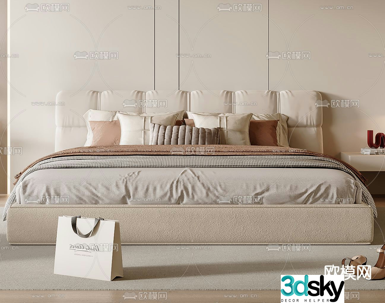Cream style double bed 3d model