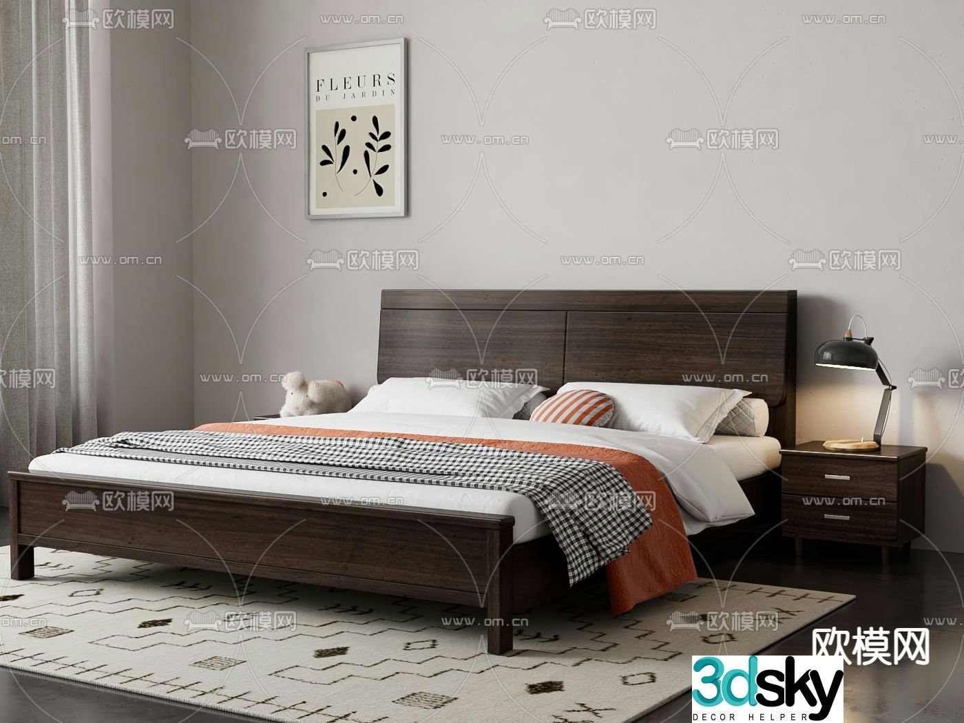 Nordic solid wood bed double bed 3d model