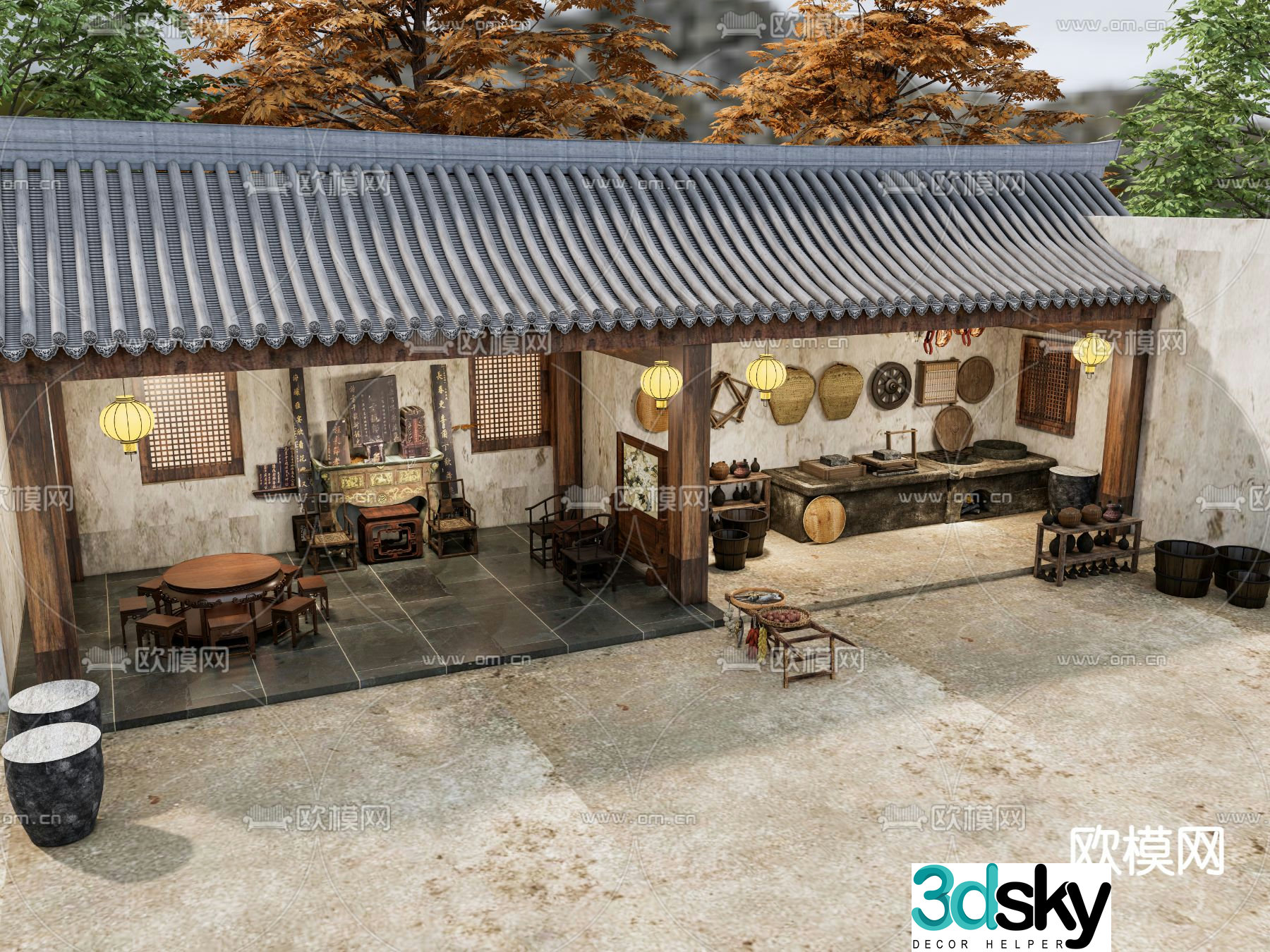 New Chinese style old living room courtyard landscape 3D model