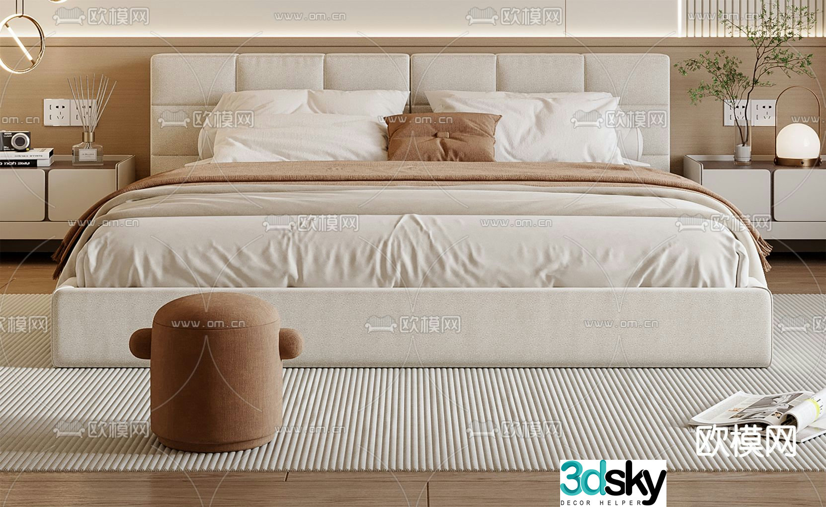 Cream style double bed 3d model
