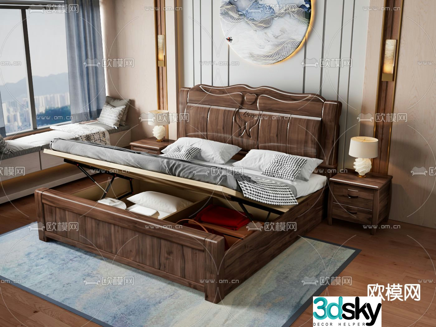 New Chinese style double bed 3d model