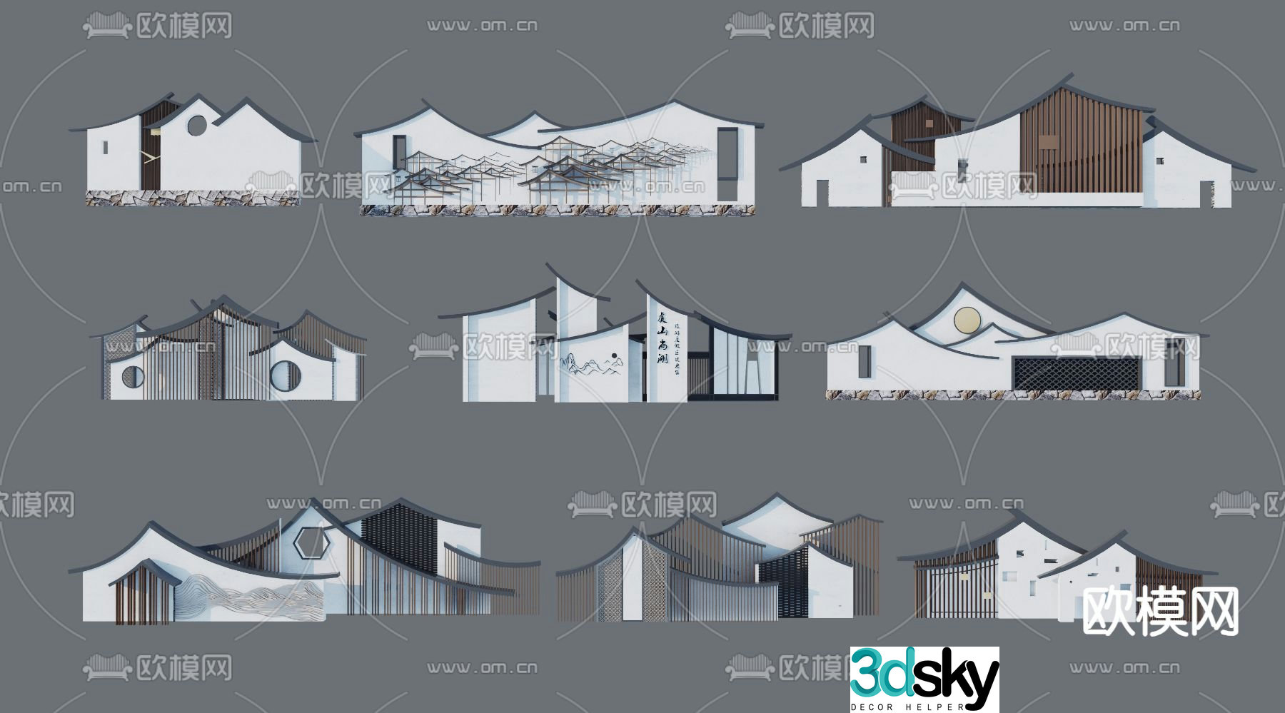 New Chinese style gable grille landscape wall sign wall zen landscape wall_3d model