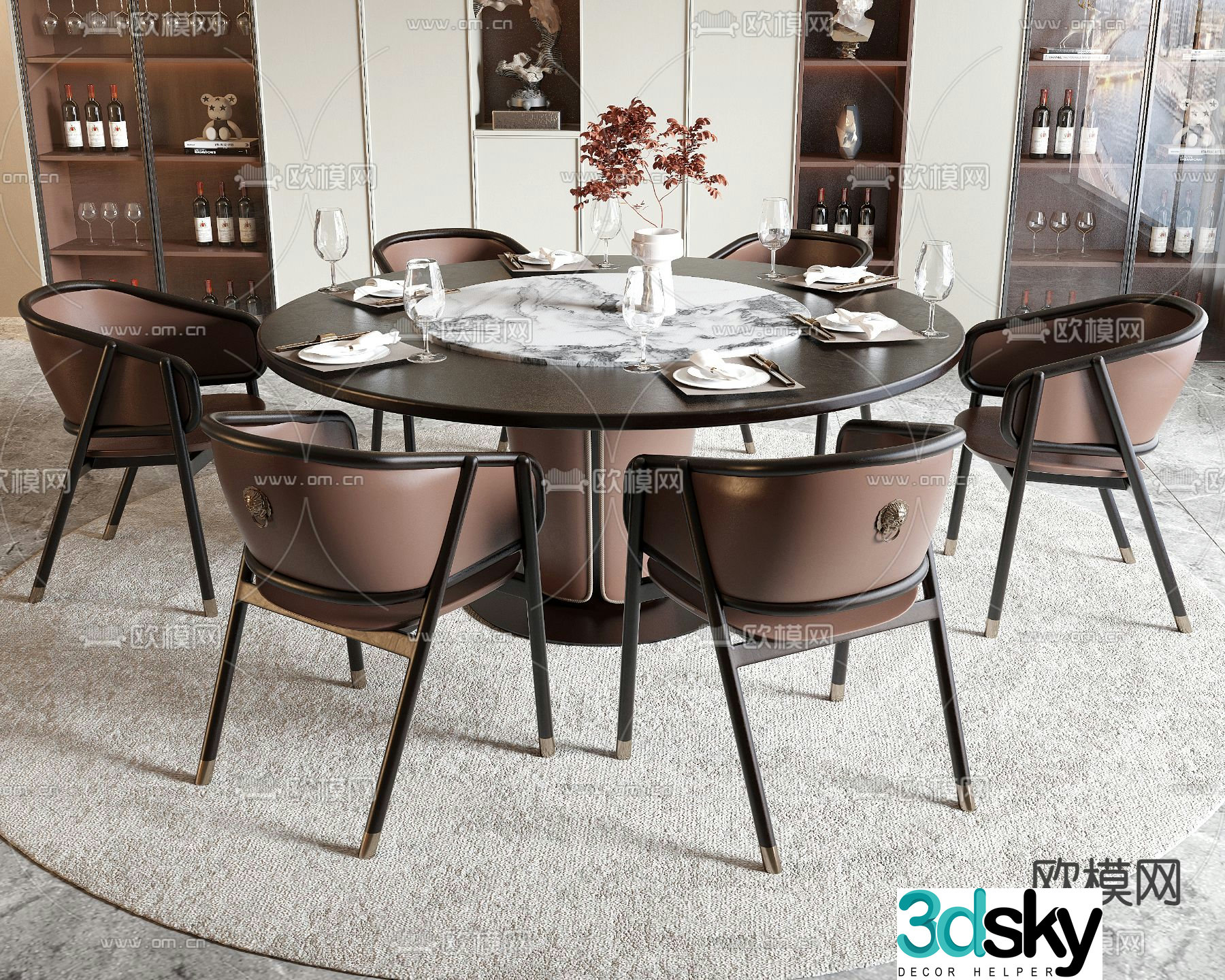 New Chinese style dining table and chairs round dining table 3d model