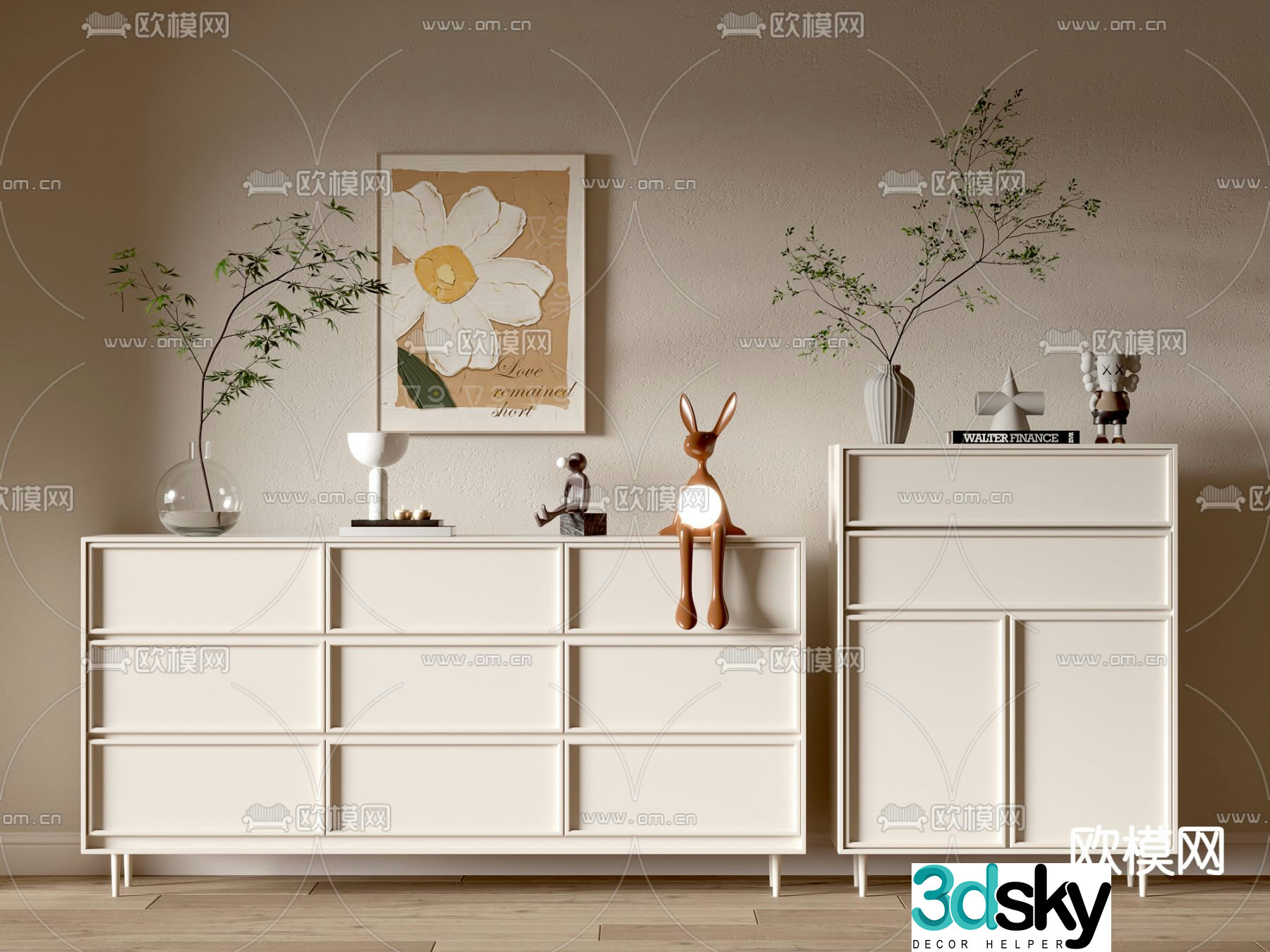 Cream style chest of drawers side cabinet 3d model