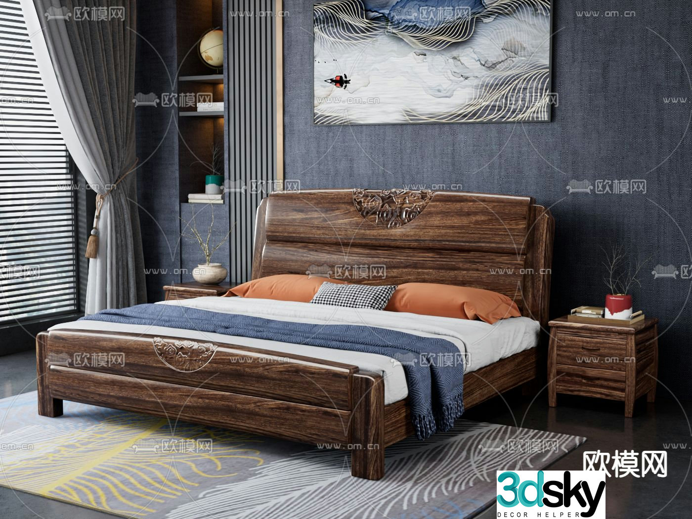 New Chinese style double bed 3d model