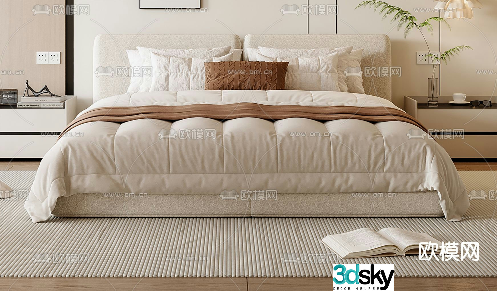 Cream style double bed 3d model
