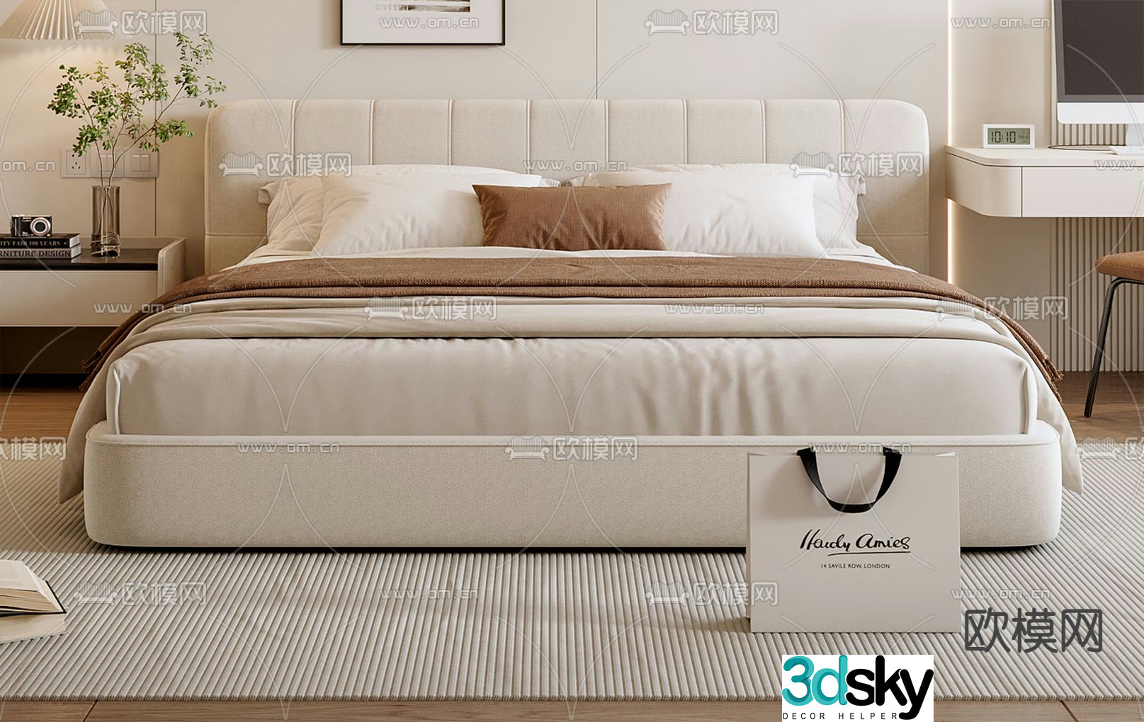 Cream style double bed 3d model
