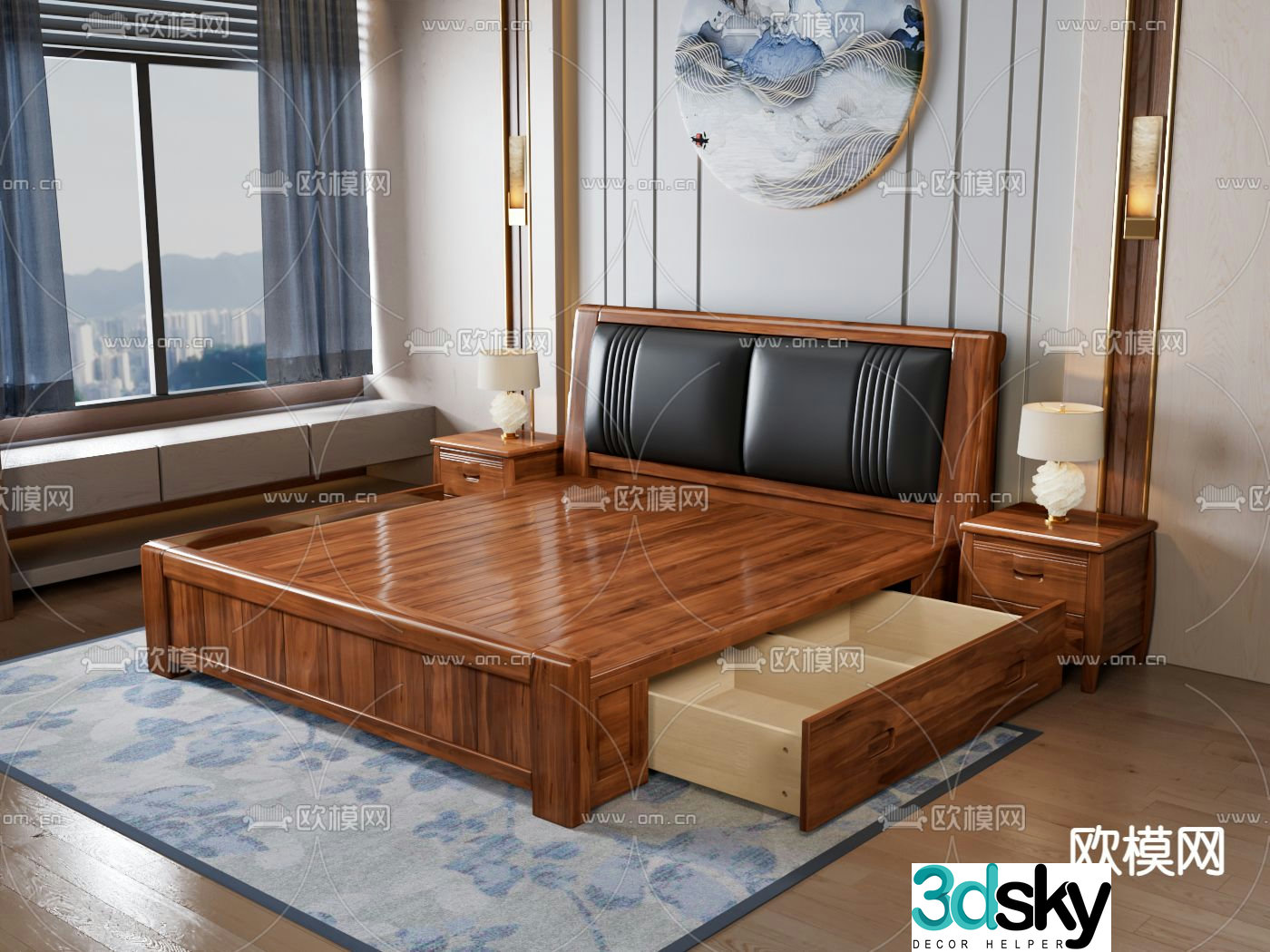 Solid wood double bed 3d model