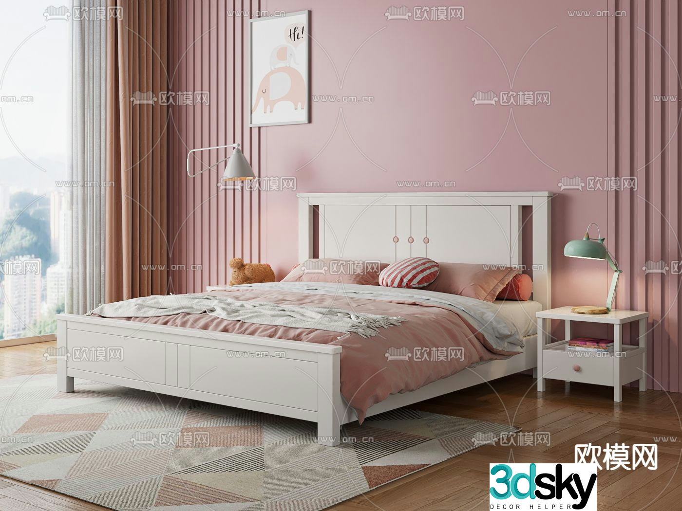 Girls room double bed 3d model