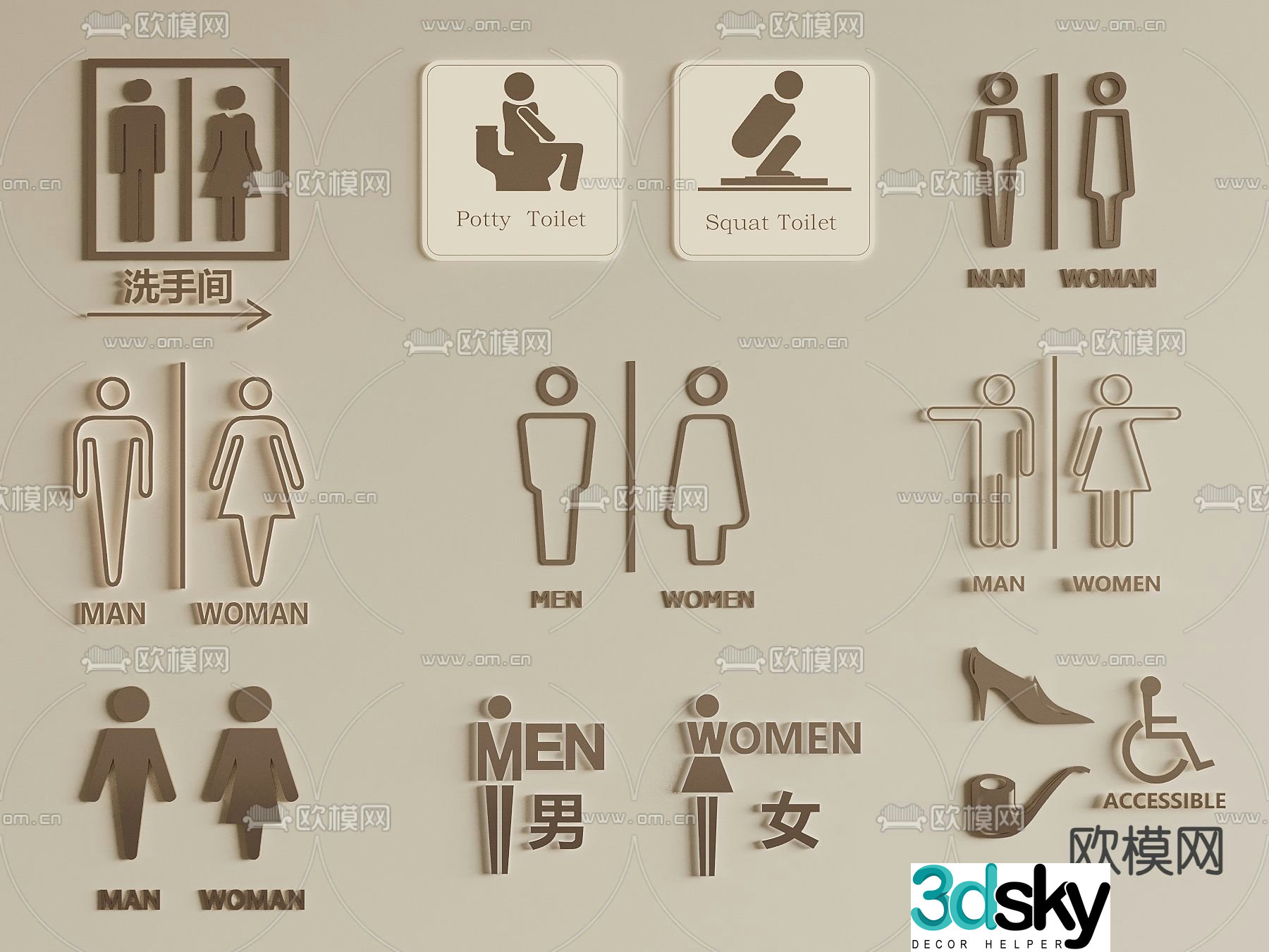 Bathroom signage guide sign signage 3d model