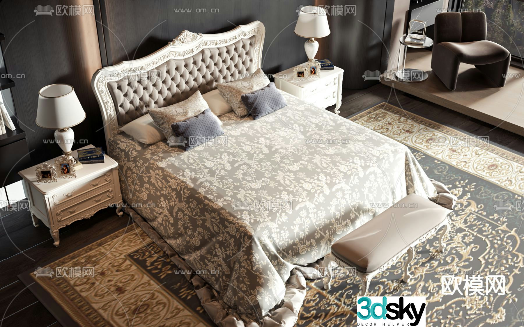 European double bed 3d model