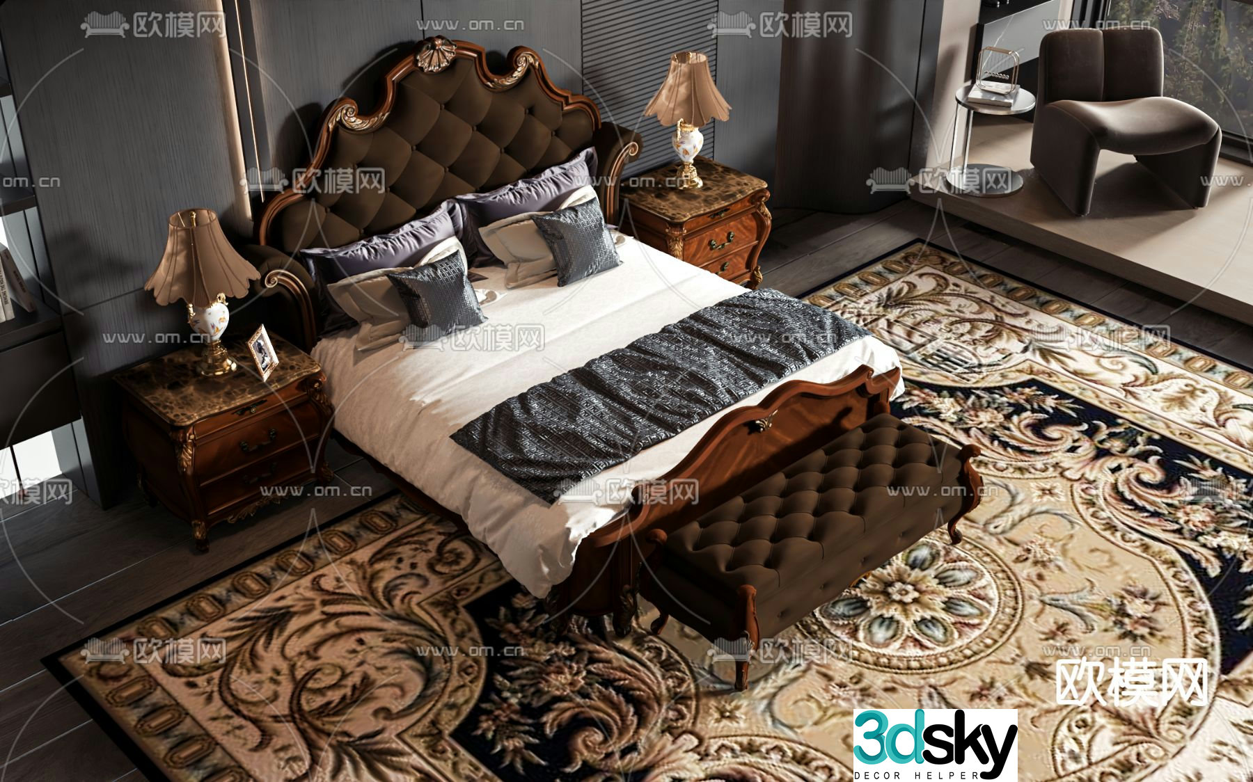 European double bed 3d model