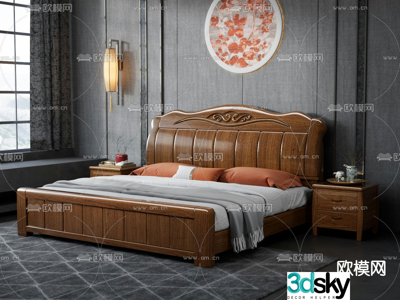 New Chinese style double bed 3d model