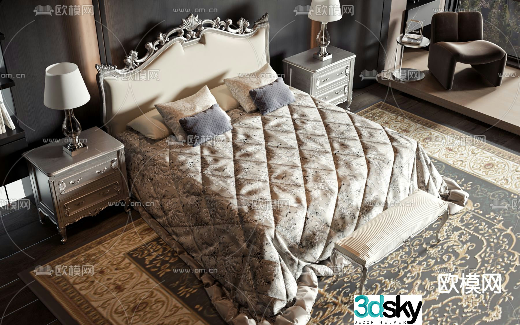 European double bed 3d model