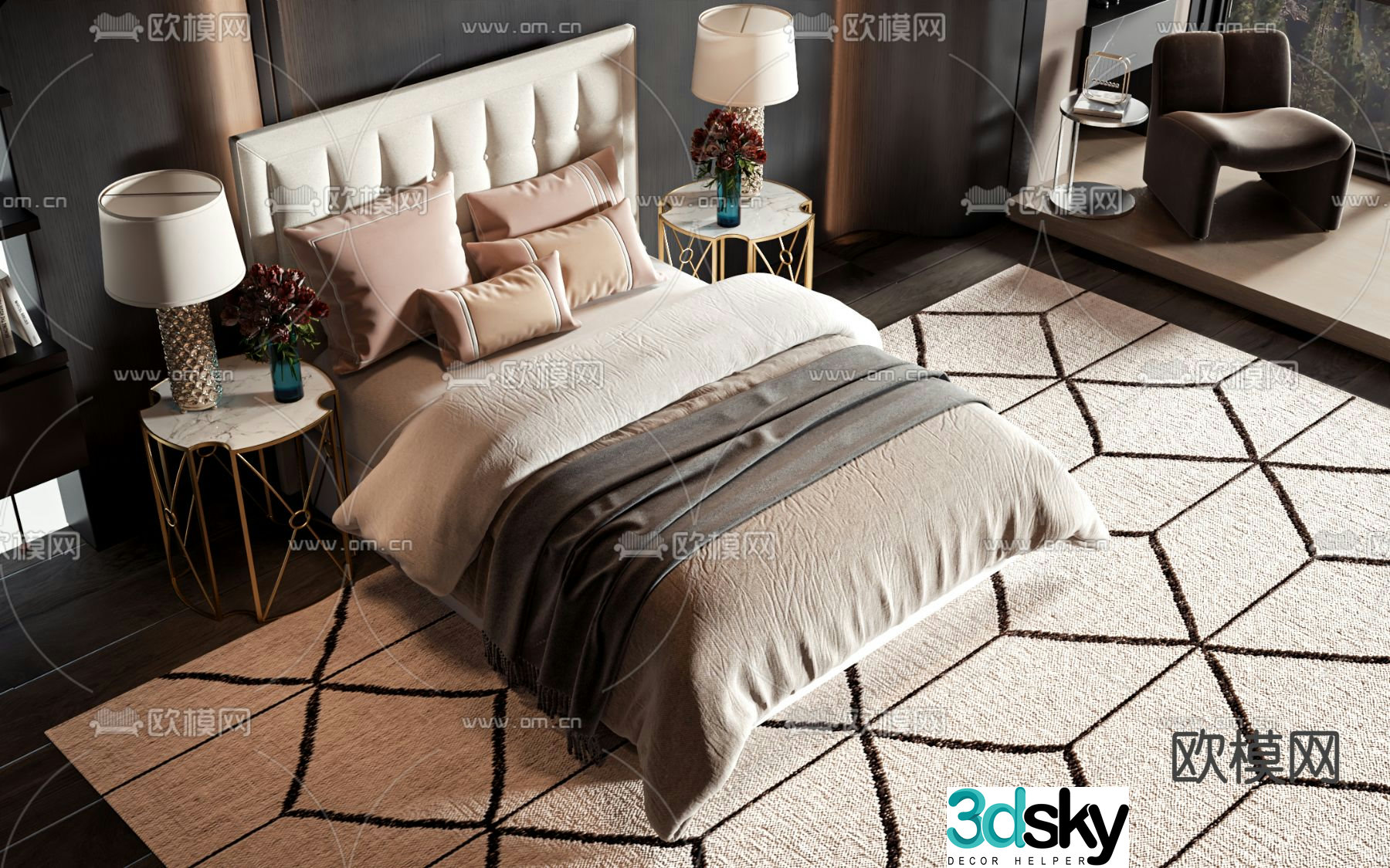 Light luxury double bed 3D model