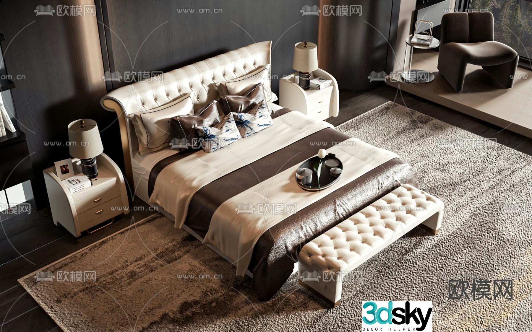 European double bed 3d model
