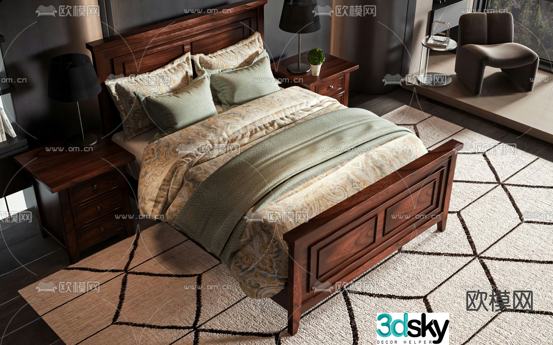 American double bed 3d model