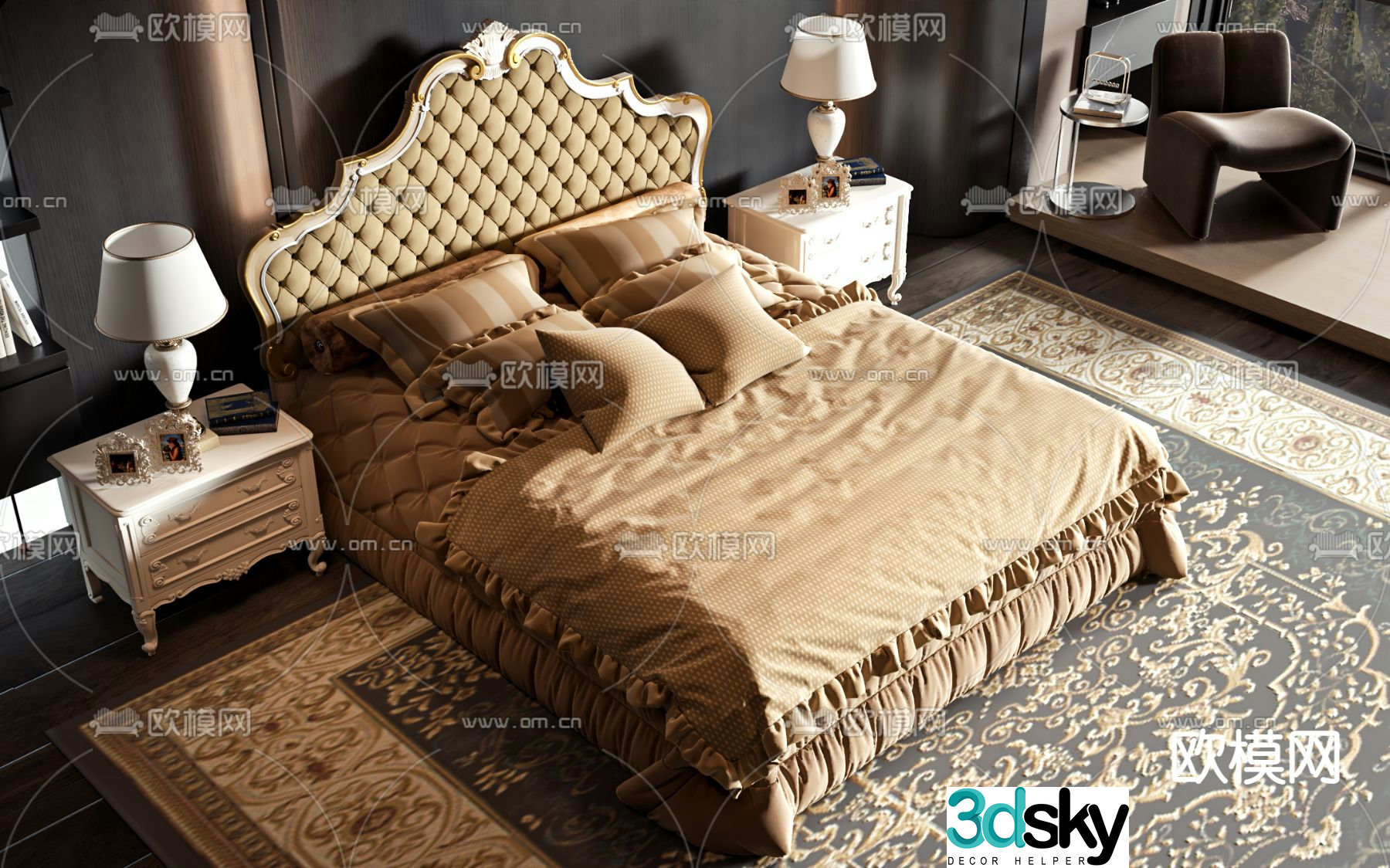 European double bed 3d model
