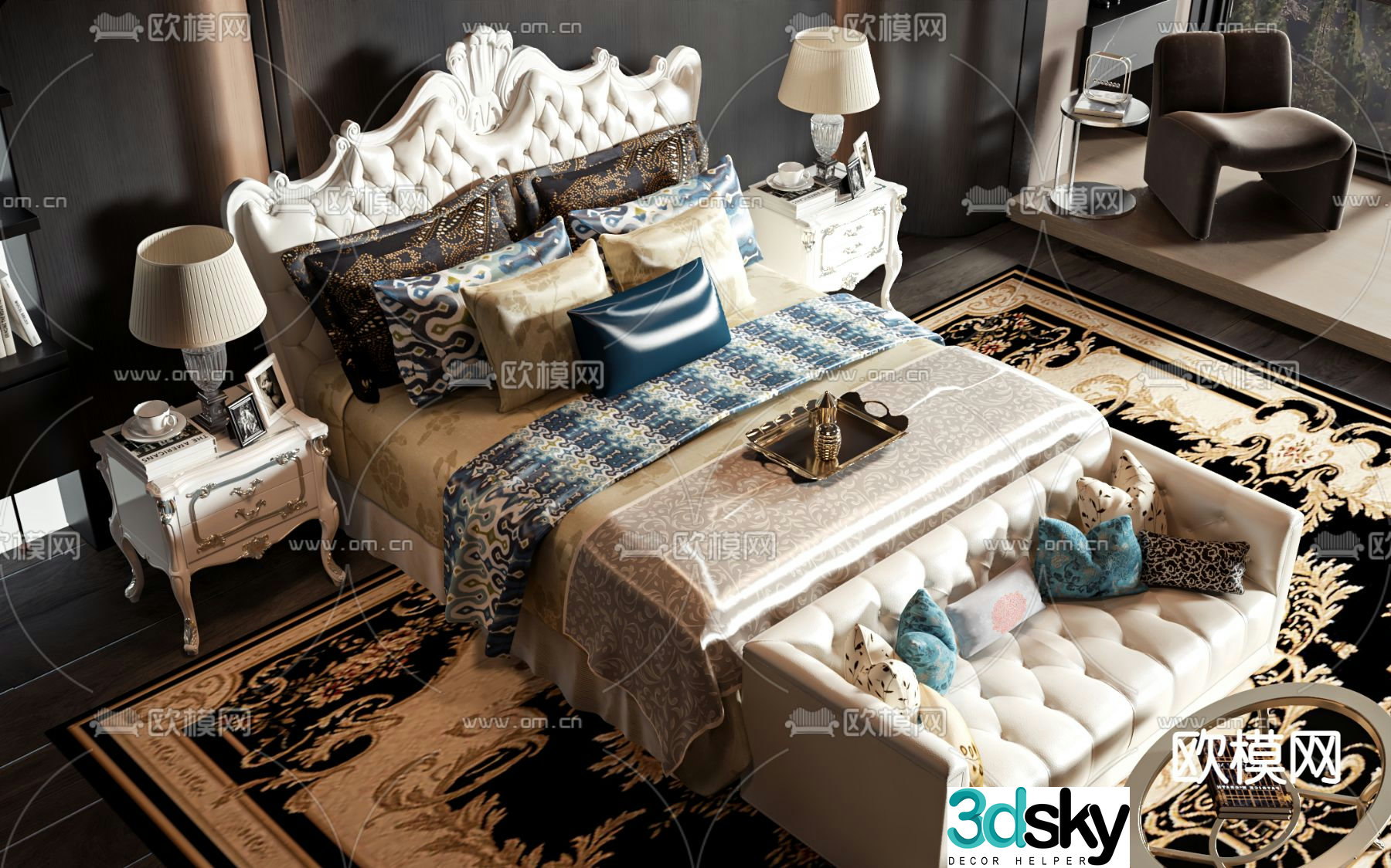 European double bed 3d model
