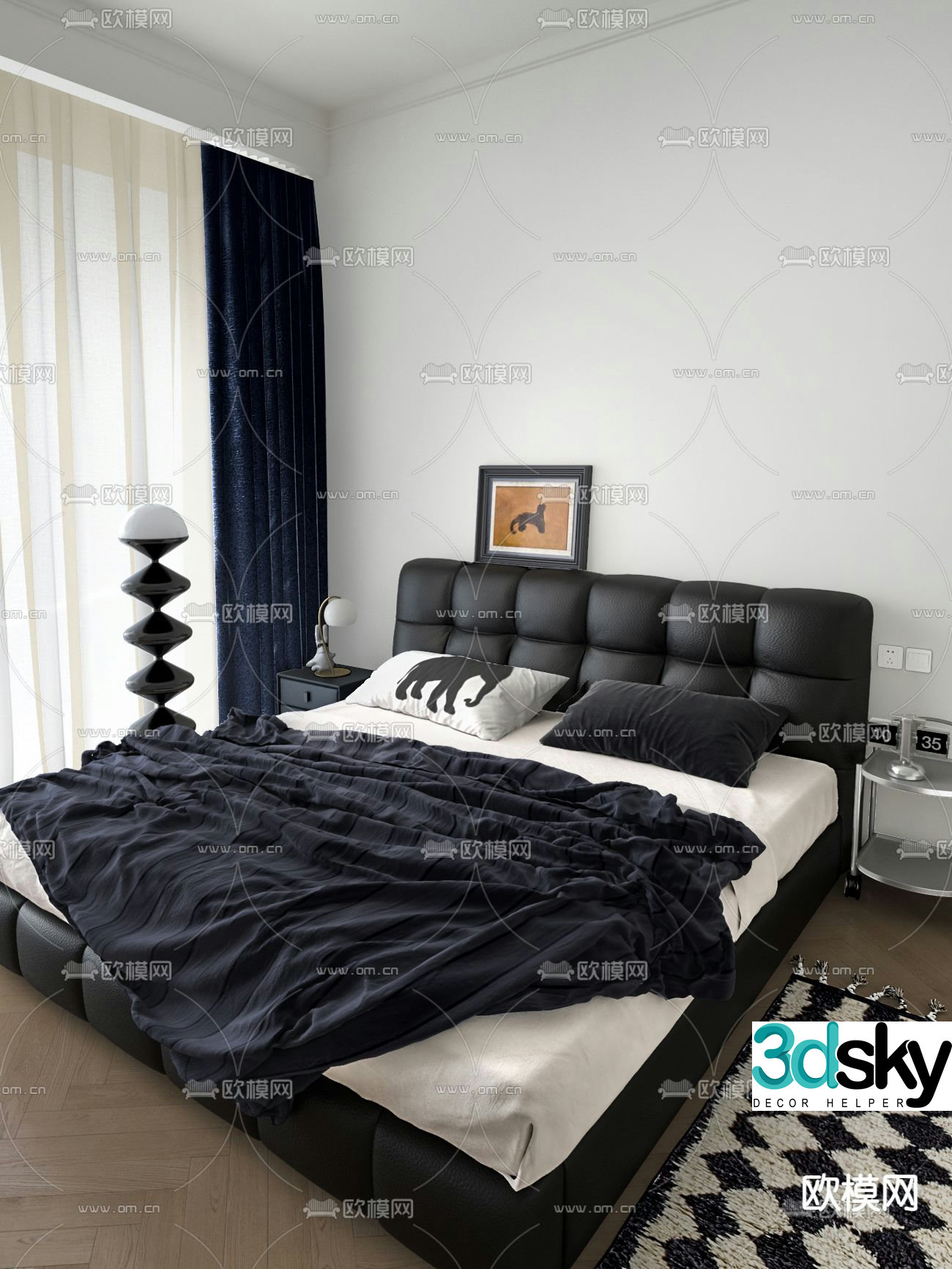 Dark style double bed 3d model