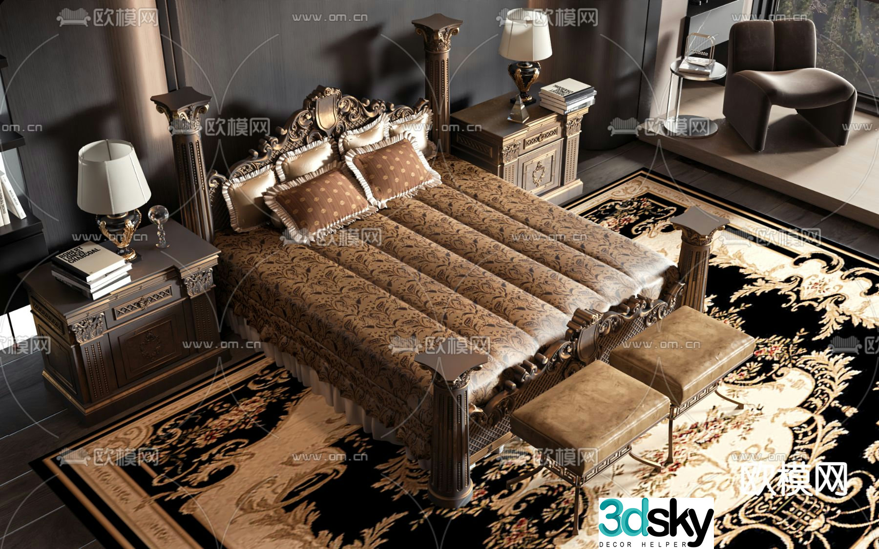 European double bed 3d model