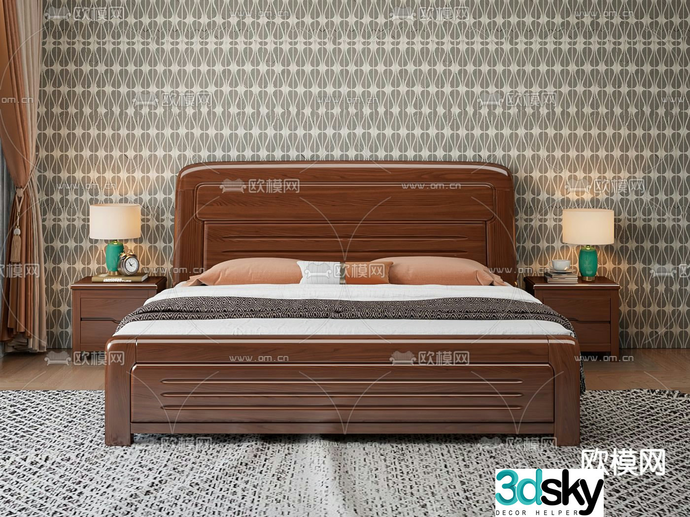 New Chinese style double bed 3d model