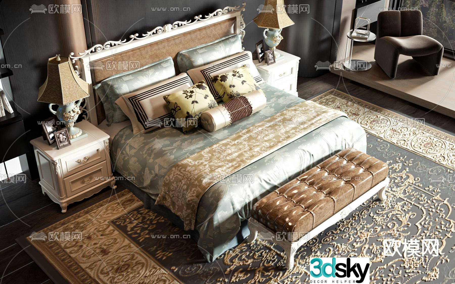 European double bed 3d model
