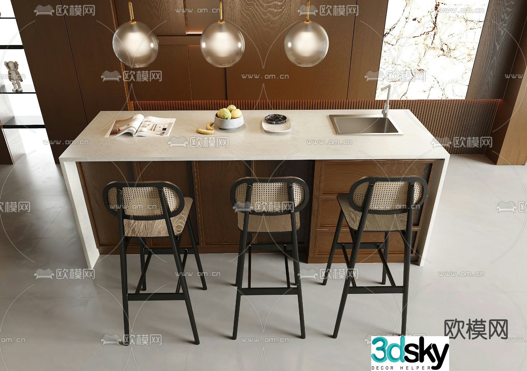 Wabi-sabi style bar island counter water bar 3D model