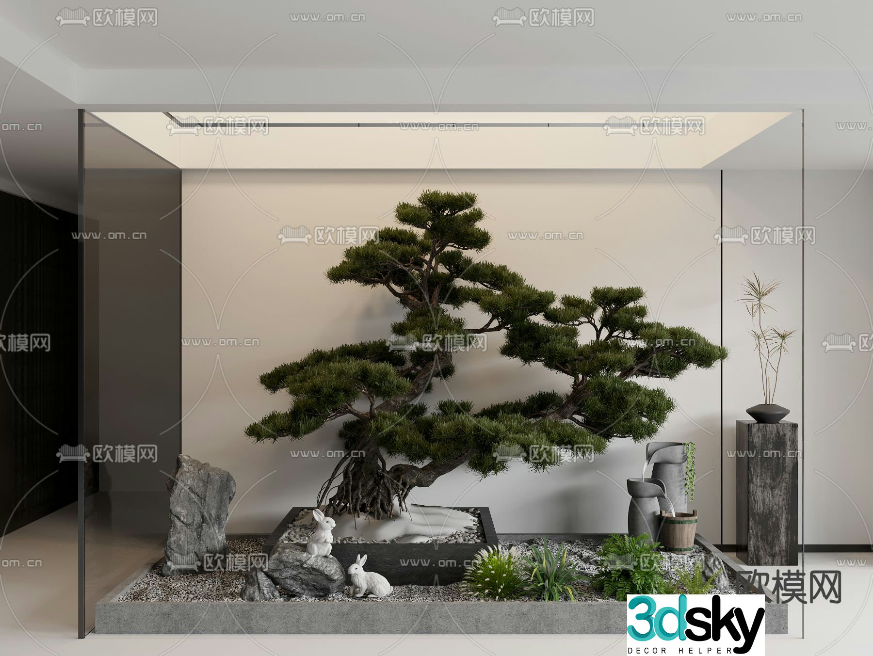 Indoor landscaping pine trees and green plants landscape sketch 3D model