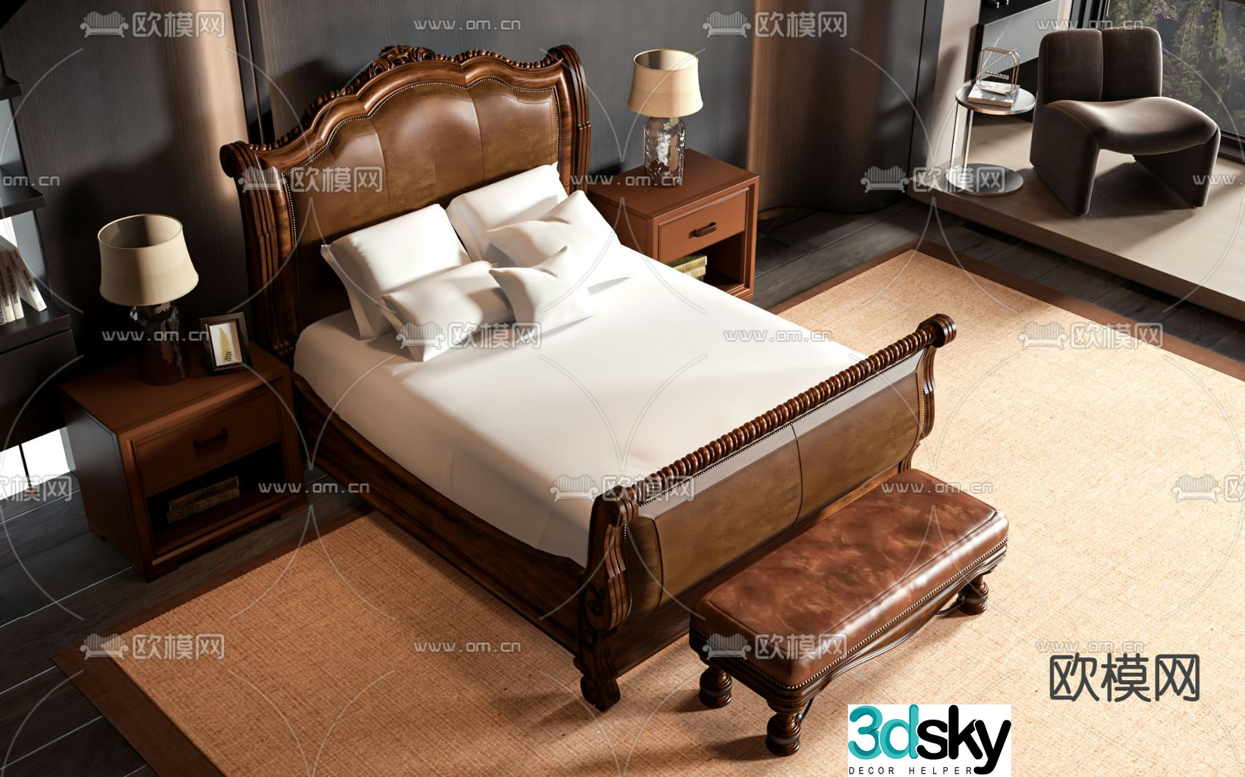 American double bed 3d model