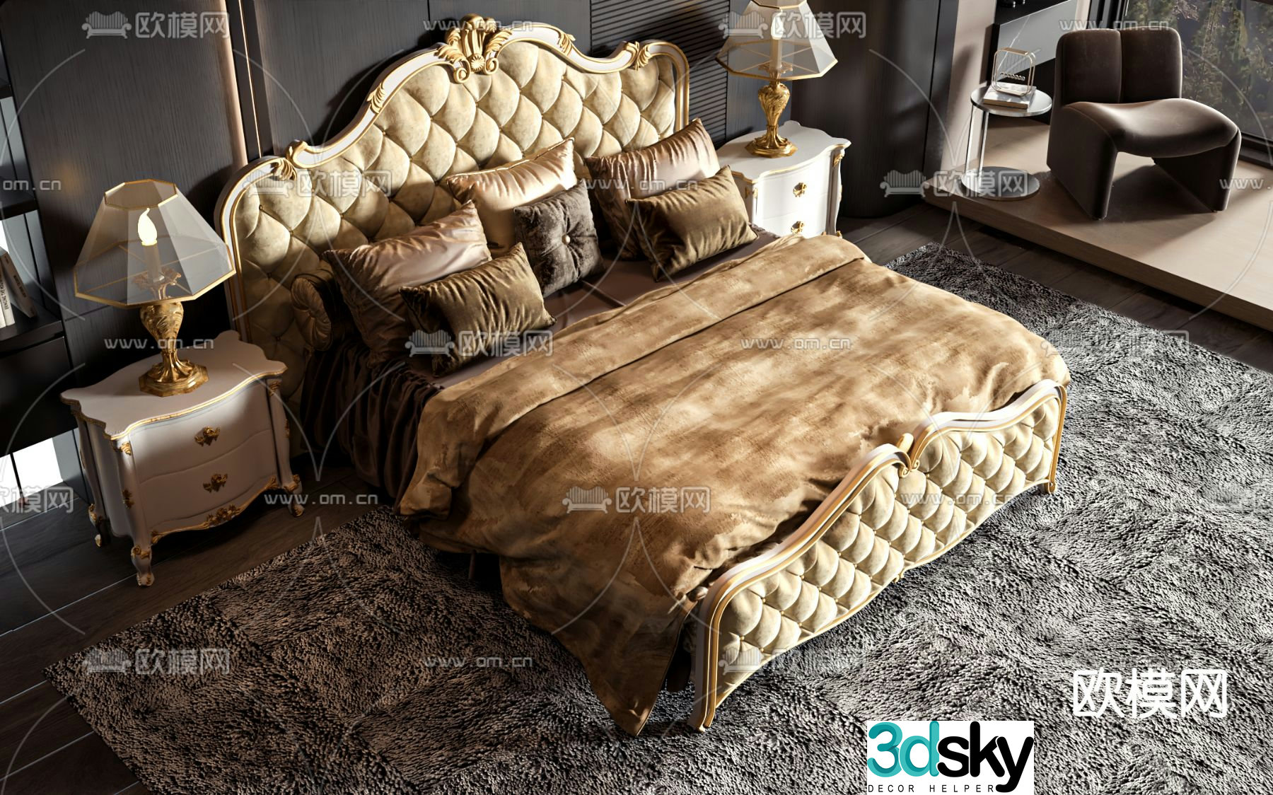 European double bed 3d model