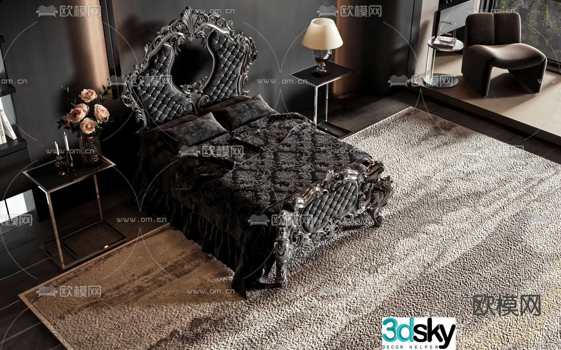European double bed dark bed 3d model