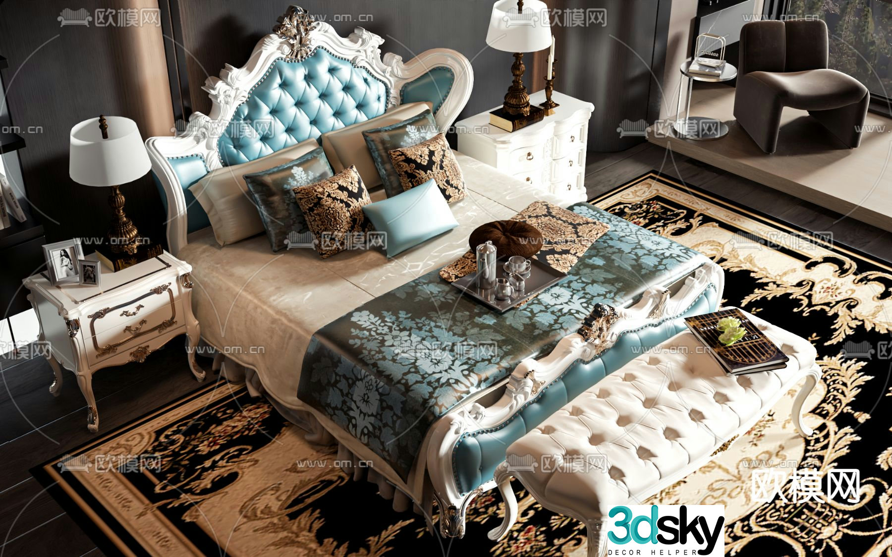 European double bed 3d model