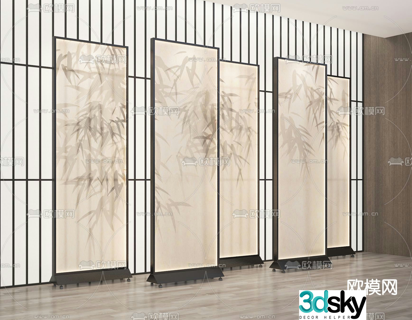 New Chinese-style screen Ink bamboo partition 3D model