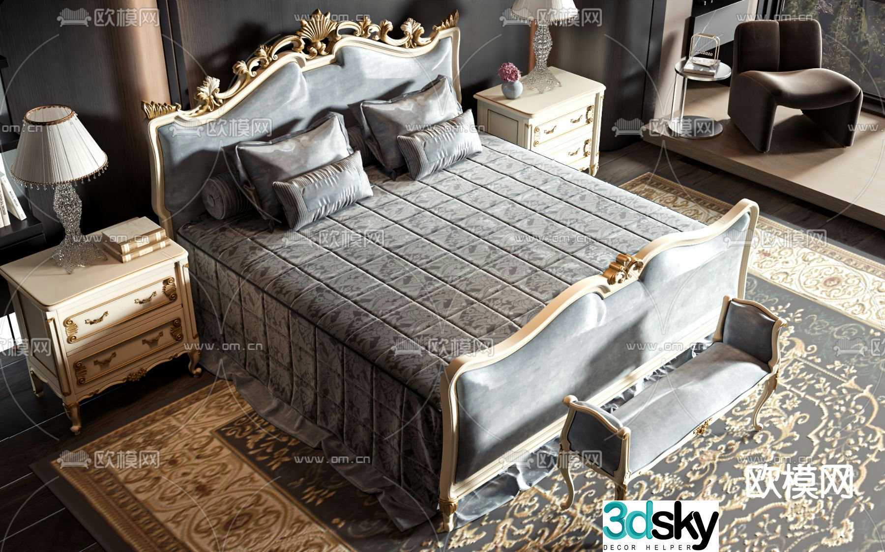 European double bed 3d model