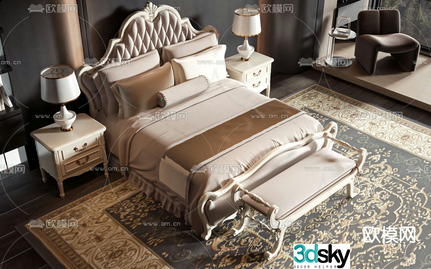 European double bed 3d model