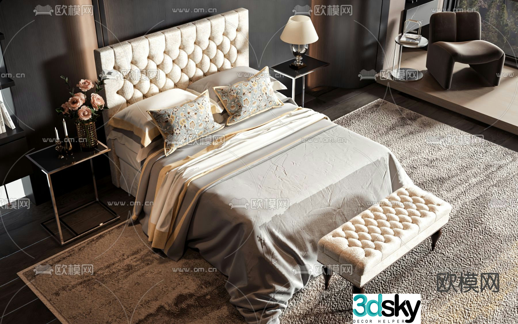 European double bed 3d model