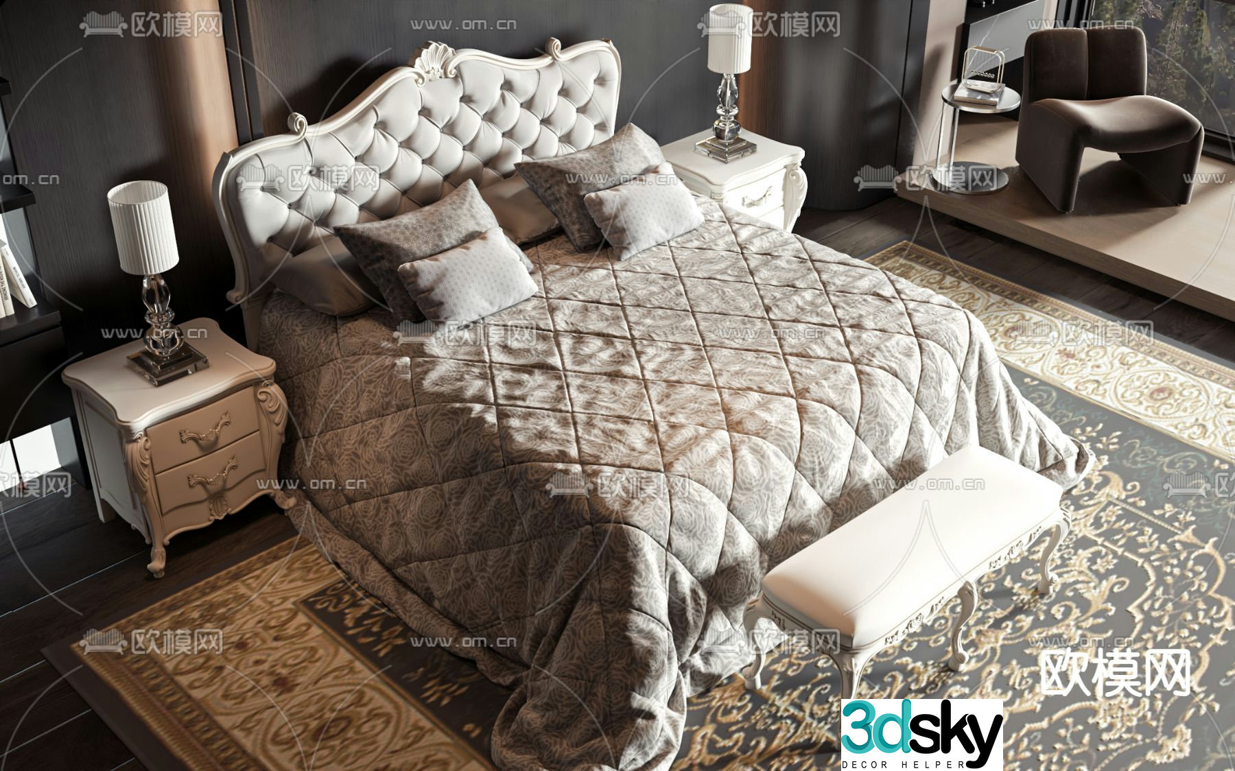 European double bed 3d model