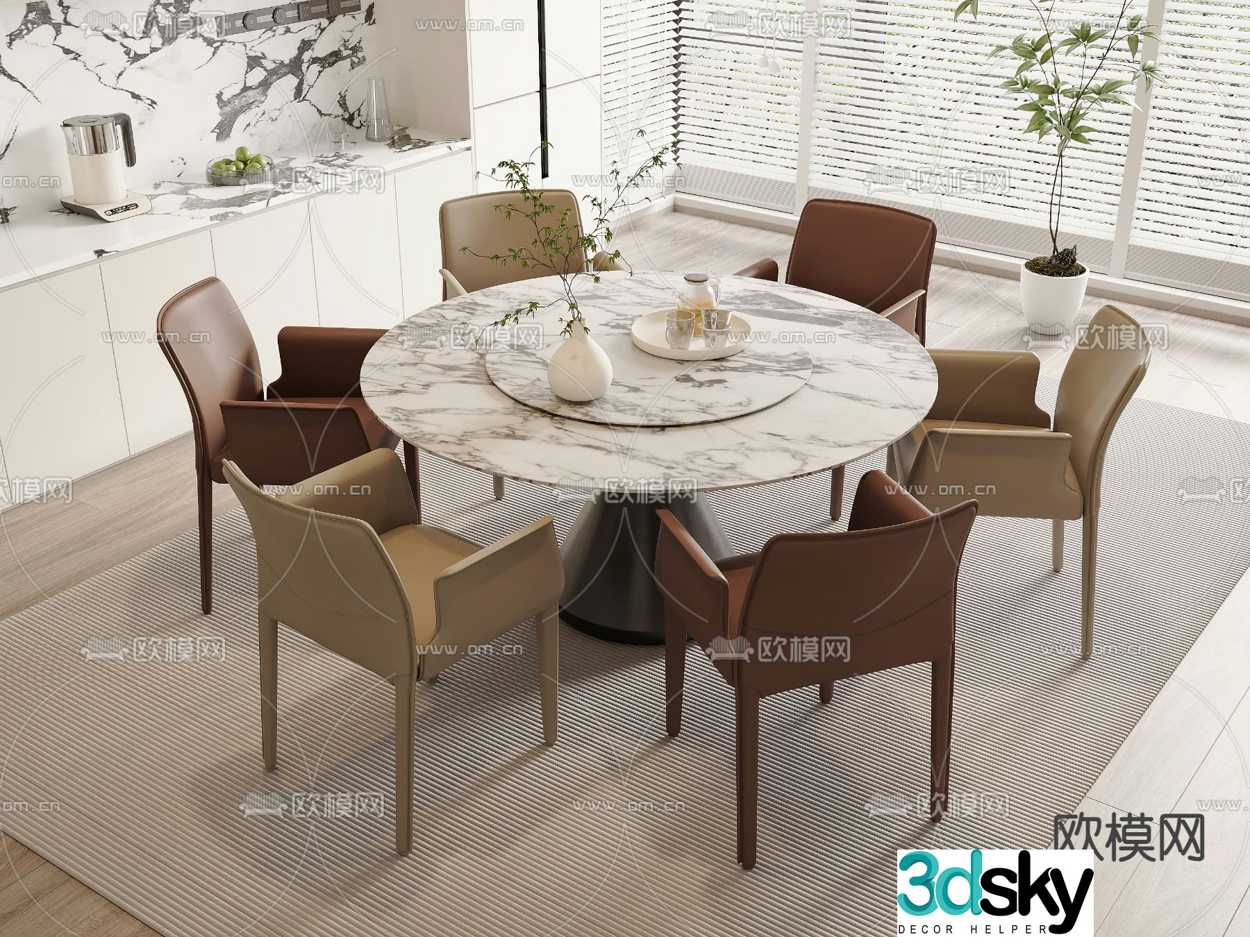 Round dining table and chairs slate dining table 3d model