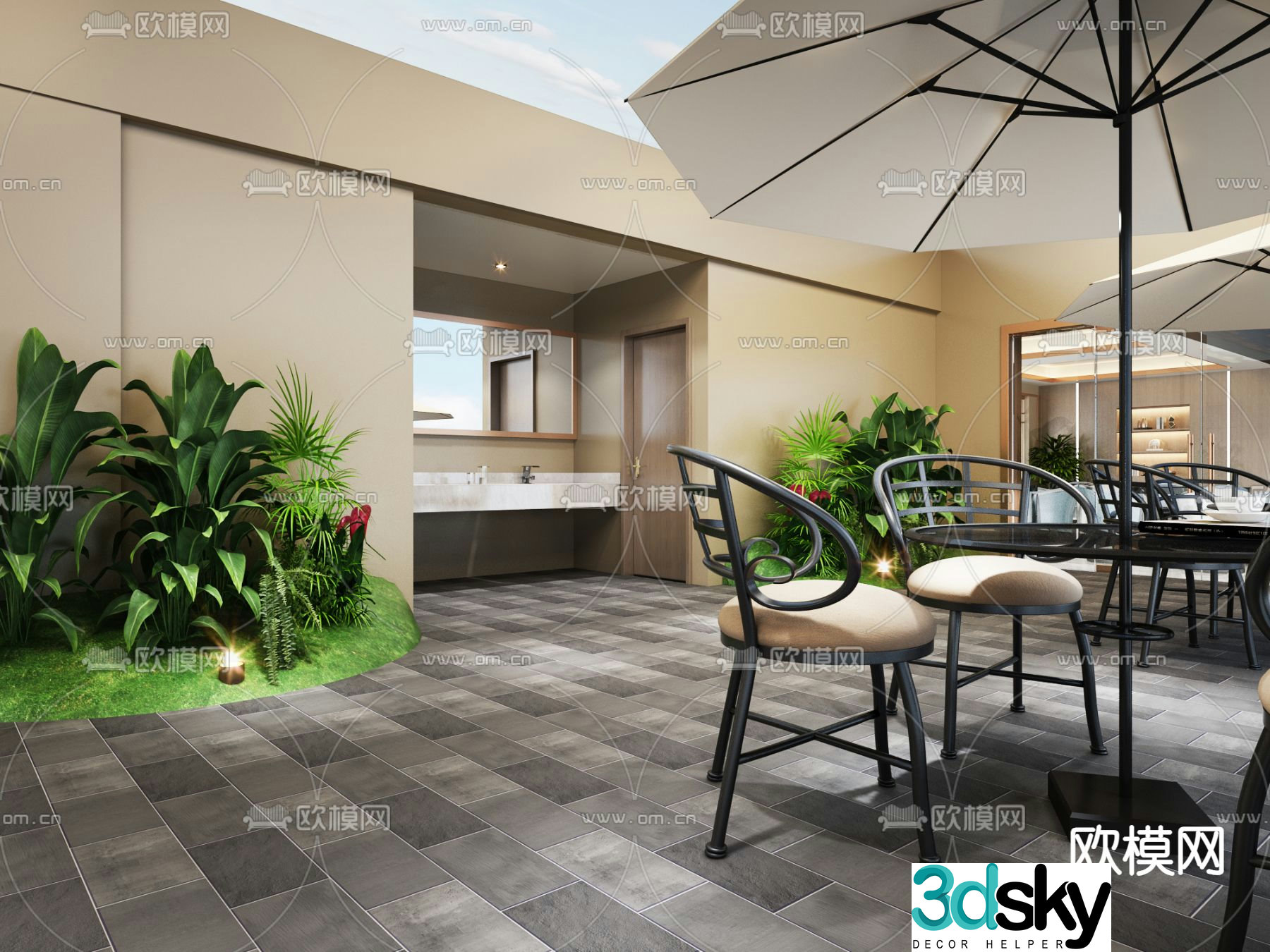Modern balcony terrace roof garden 3d model