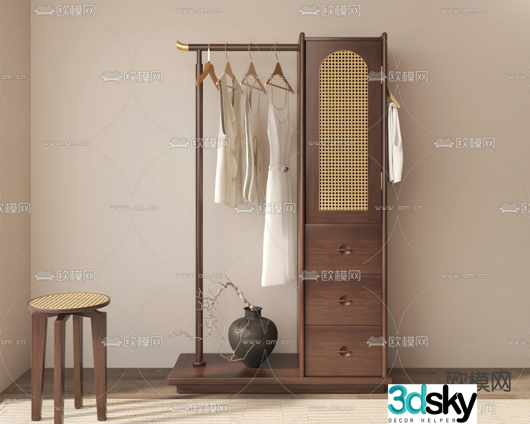 New Chinese style walnut coat rack hanger 3D model