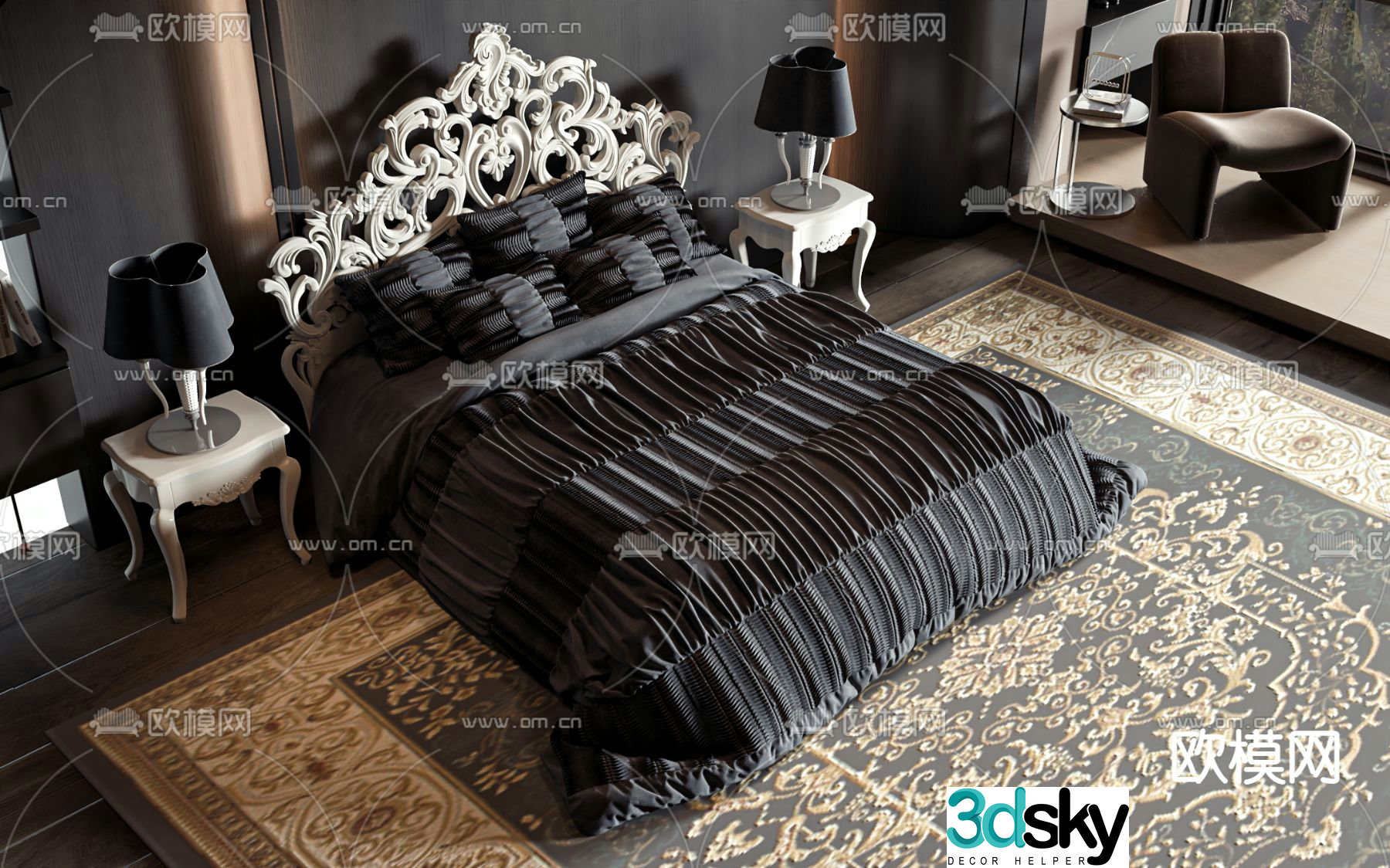 European double bed dark bed 3d model