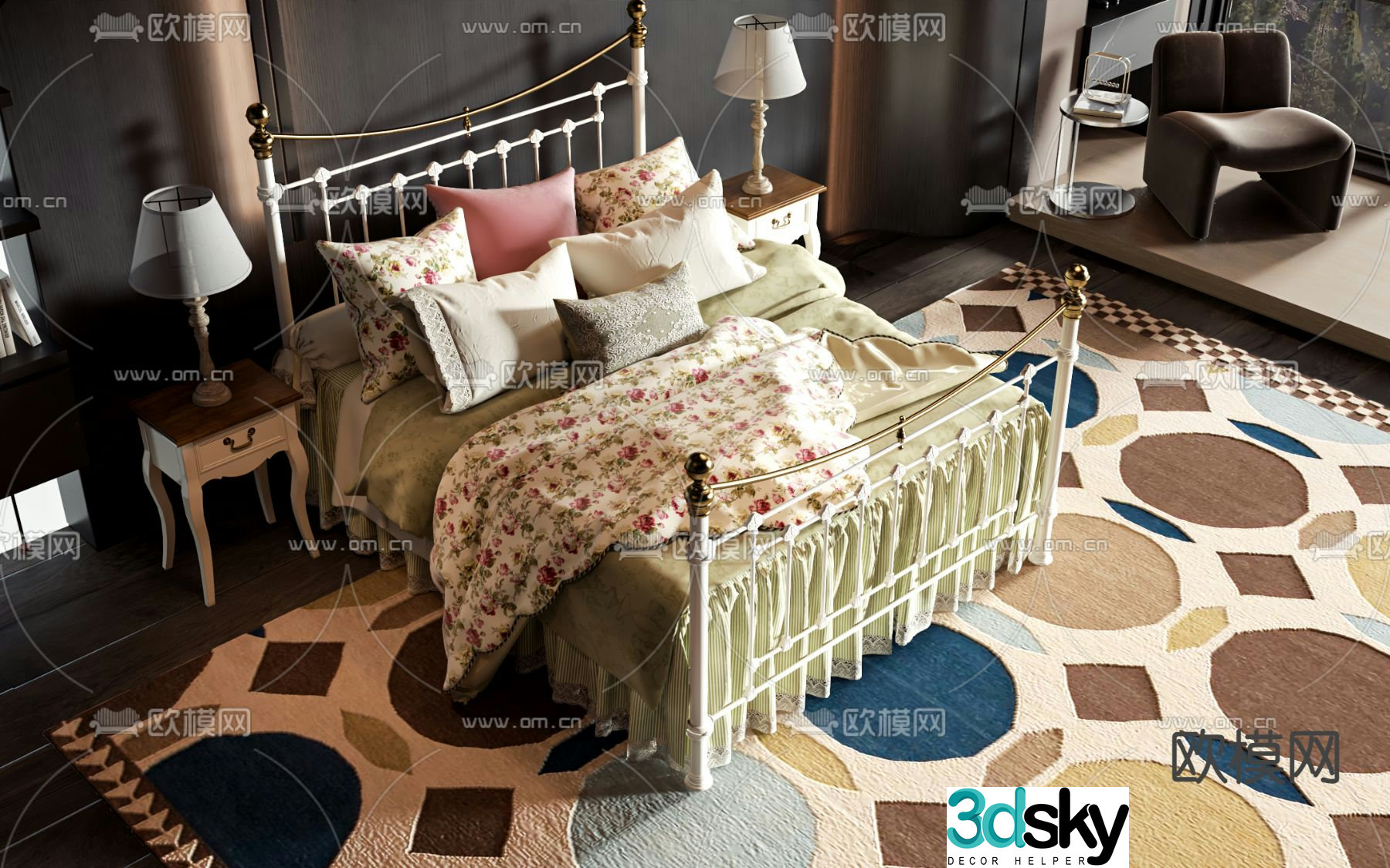 American double bed 3d model
