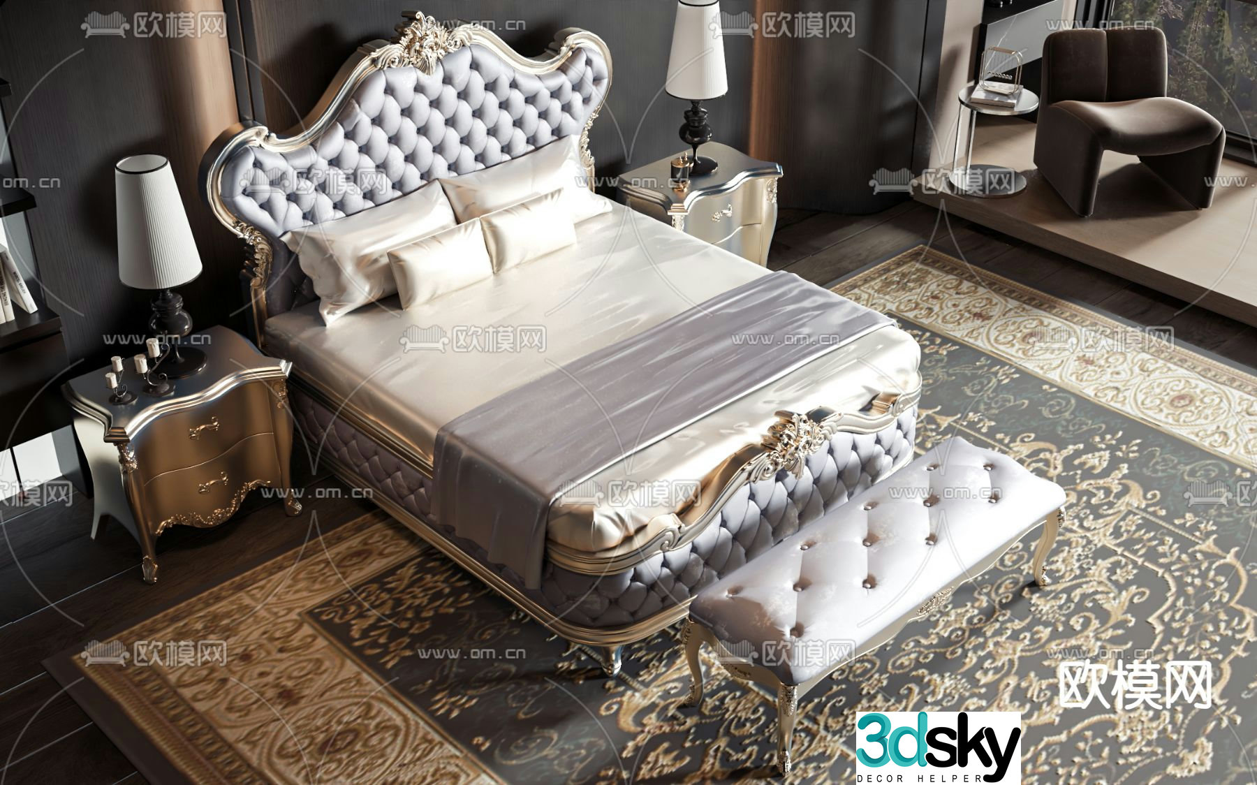 European double bed 3d model